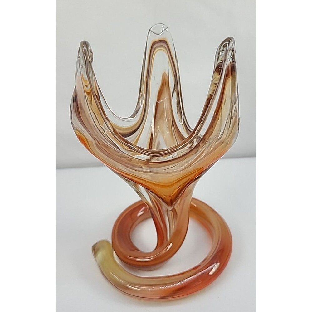 Vintage Hand Blown Glass Vase Amber Swirl Murano Style 7"H Beautiful